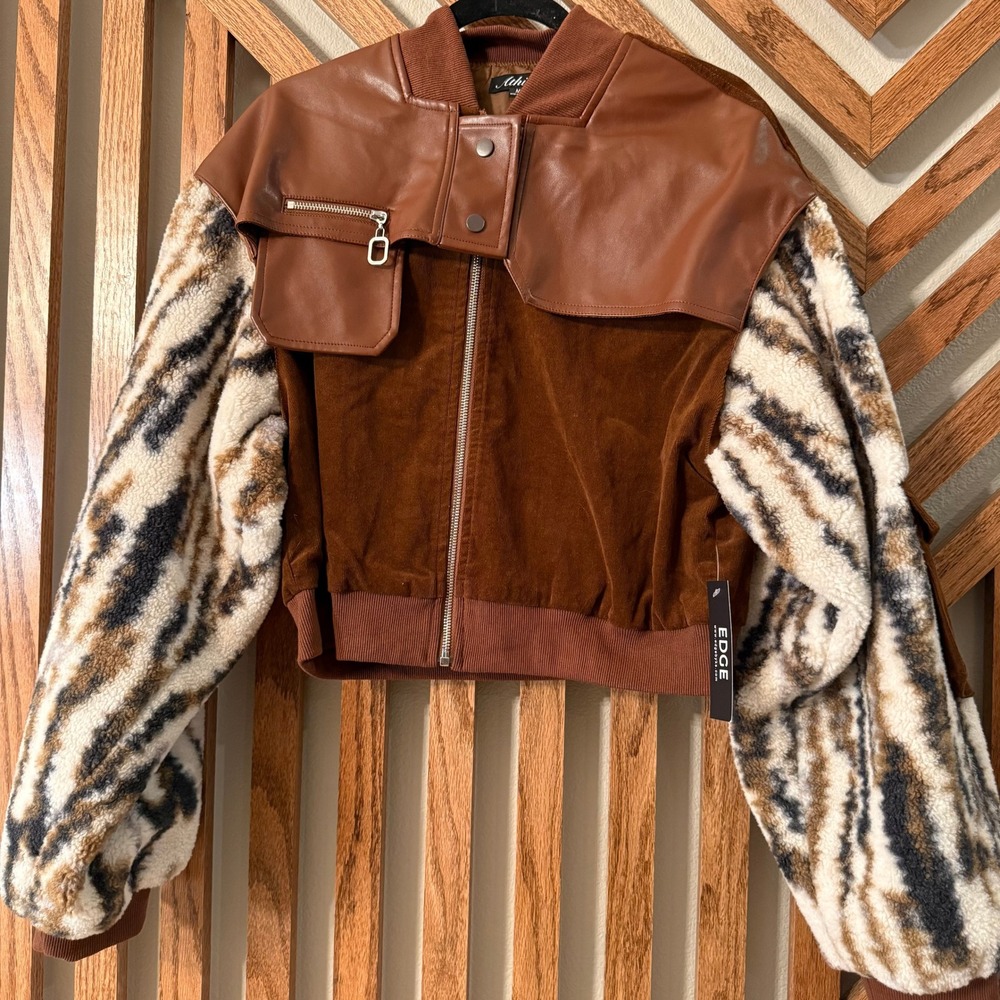 Western Utility Athina Brown Bomber Jacket M Sherpa Faux Leather Corduroy NWT